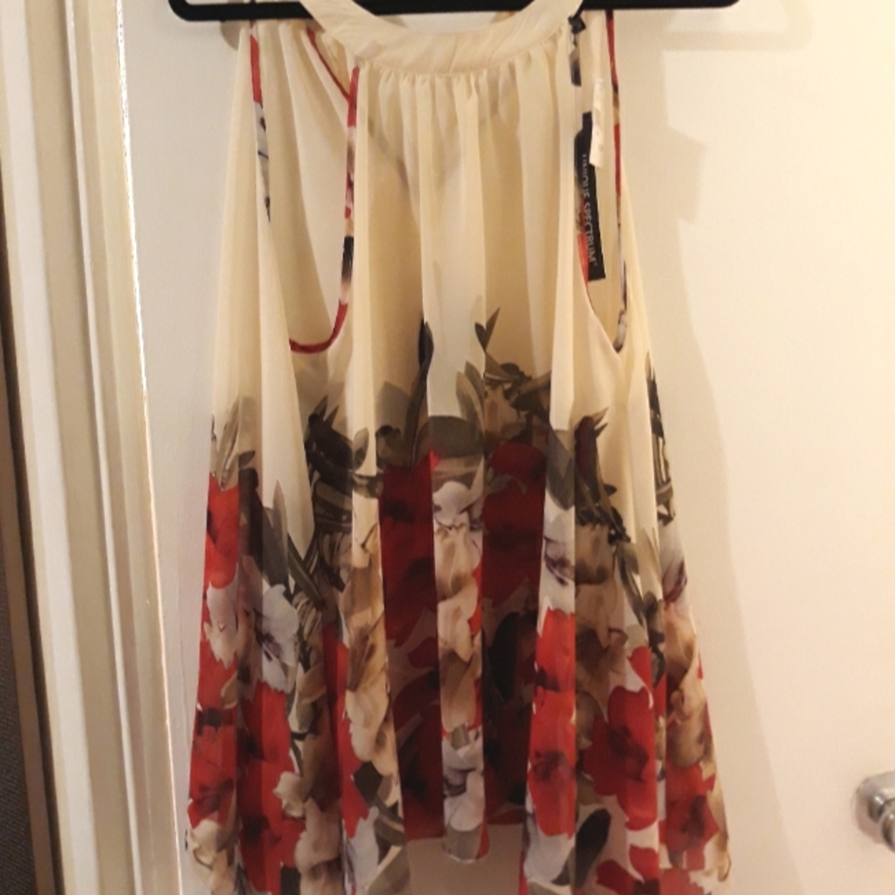 Floral top red n olive green on beige